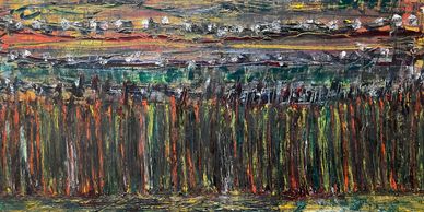 Abstract painting with vertical streaks and textured layers in earthy tones.
