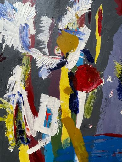 Abstract painting with bold colors and textured brushstrokes.