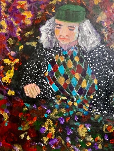 Colorful abstract portrait of a person in patterned clothing and a green hat.