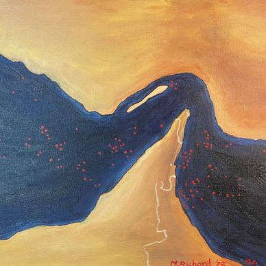 Abstract painting of two dark shapes with red dots on a warm background.