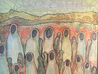 Abstract painting of faceless figures in muted colors.