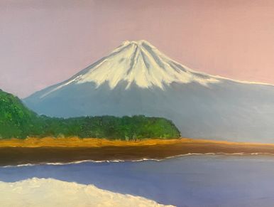 A serene painting of a snow-capped mountain with a lake and greenery.