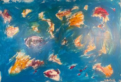 Abstract painting with vibrant orange and red shapes on a blue background.