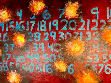 Brightly colored numbers on a textured surface with fiery orange bursts.