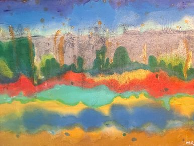 Abstract landscape painting with vibrant colors and fluid forms.