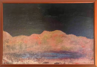 Abstract painting with dark upper half and multicolored lower half.