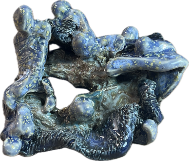 Abstract blue and black ceramic sculpture with organic shapes.