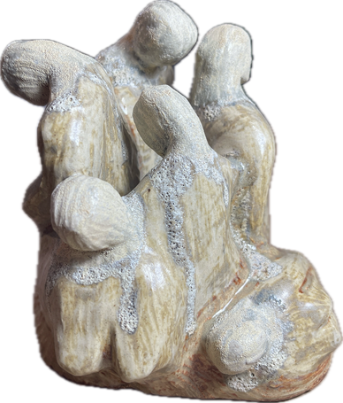 Abstract ceramic sculpture with five rounded figures and textured surface.