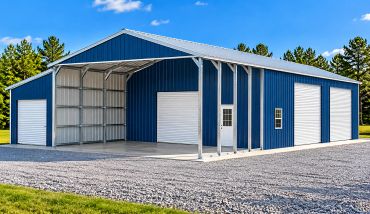 Blue metal building with multiple garage doors.