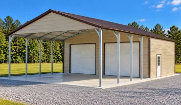 Large metal carport with storage building.