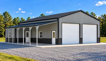 Modern metal garage with two large roll-up doors.