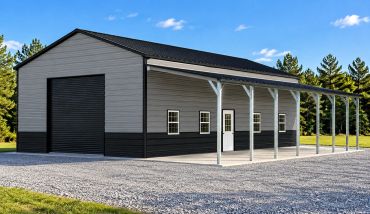 Large modern metal garage with covered side area.