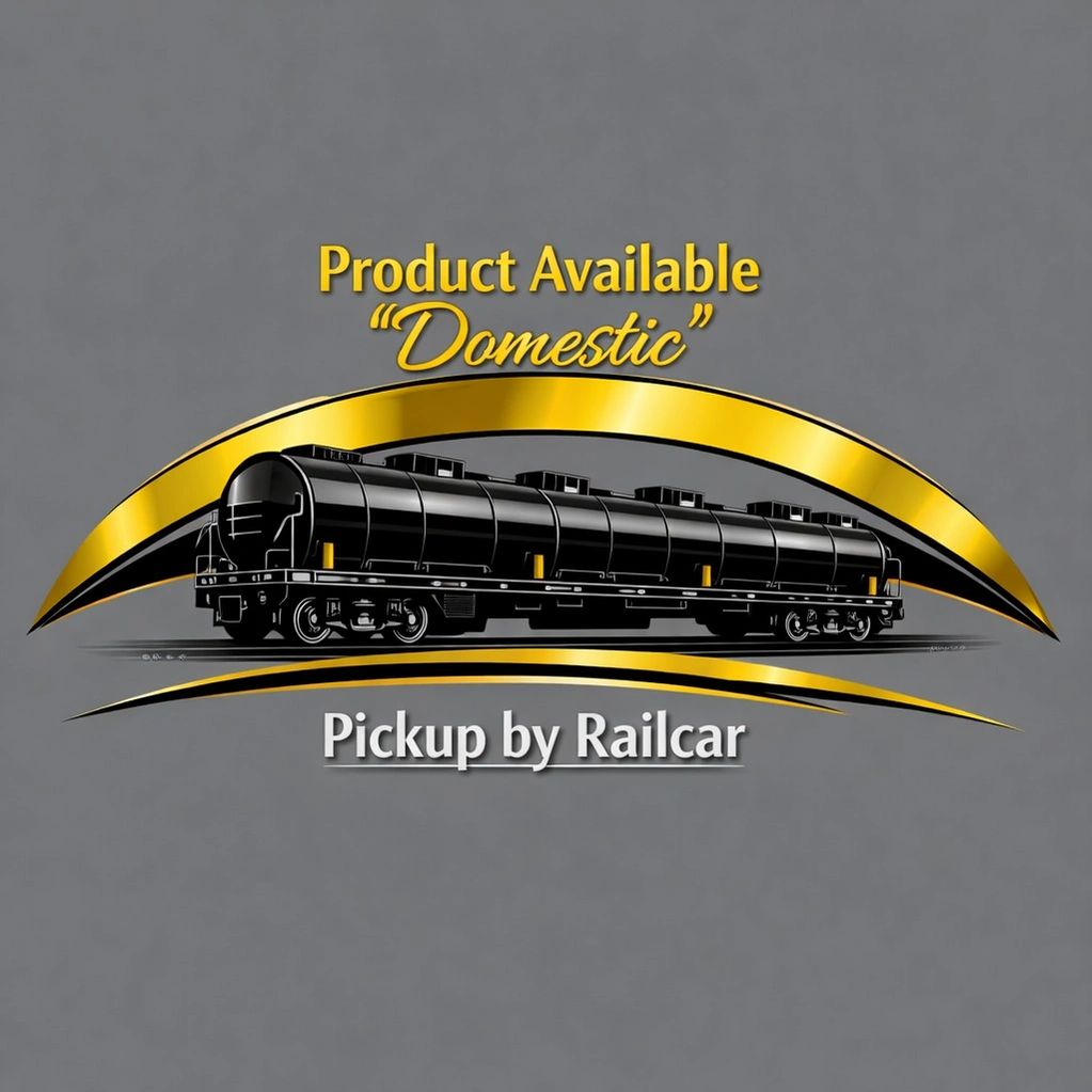 Logo showing a black railcar with gold arcs and text about domestic product and railcar pickup.