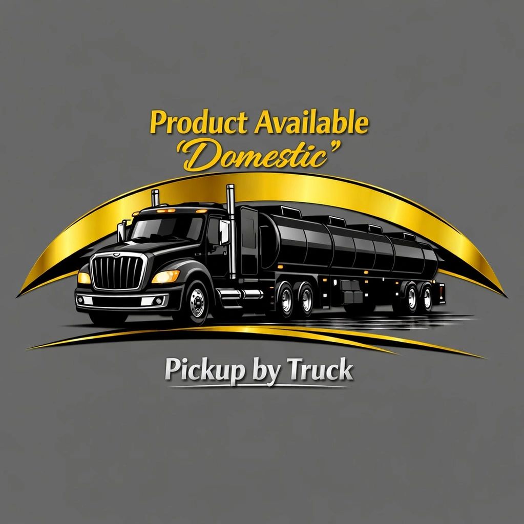 Black tanker truck with gold accents and text about domestic product availability.