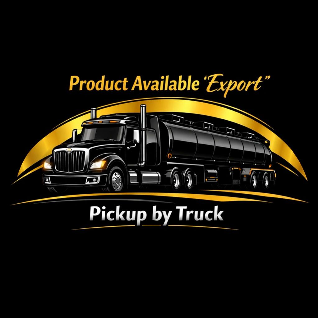 Black tanker truck illustration with golden text promoting product export pickup.