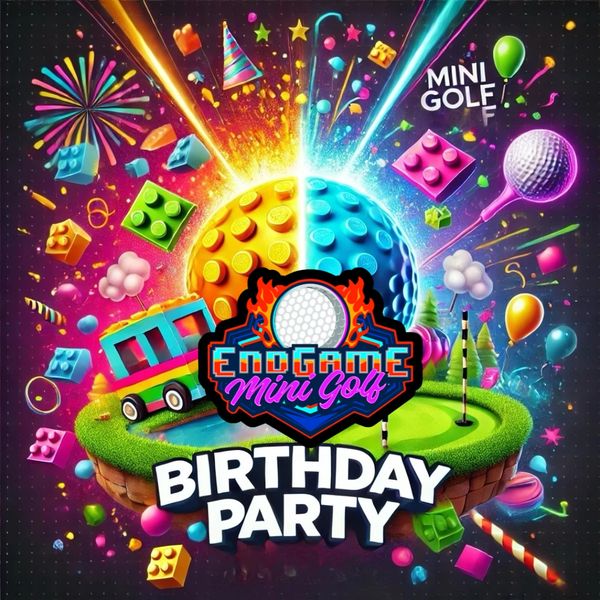 Colorful Endgame Mini Golf birthday party invitation with vibrant decorations.
