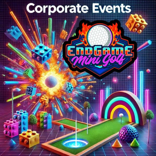 Vibrant mini golf scene with neon colors and floating blocks for corporate events.