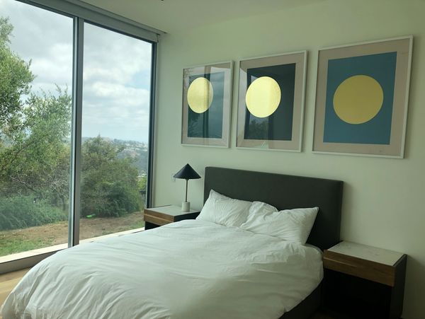 Three art pieces hung over a bed with a garden view outside the huge window.