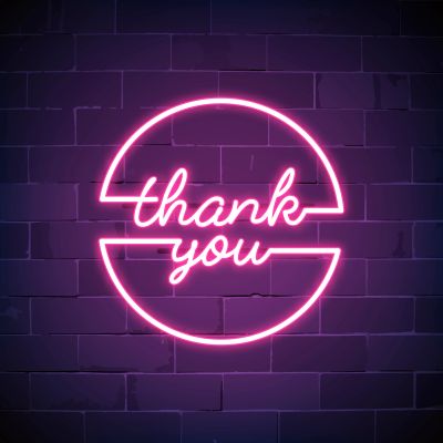 Neon pink 'thank you' sign glowing on a dark brick wall.