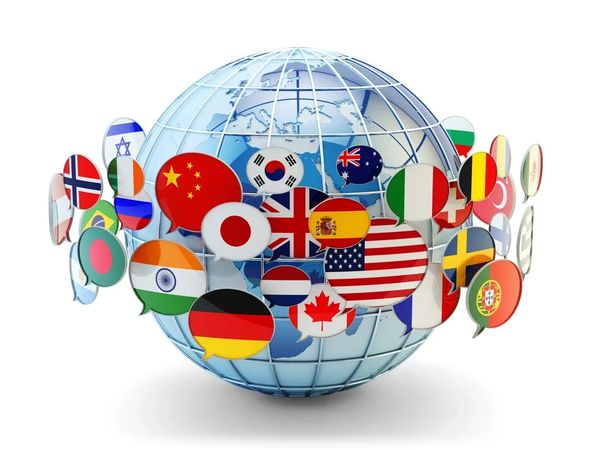 A globe surrounded by various international flags in speech bubbles.