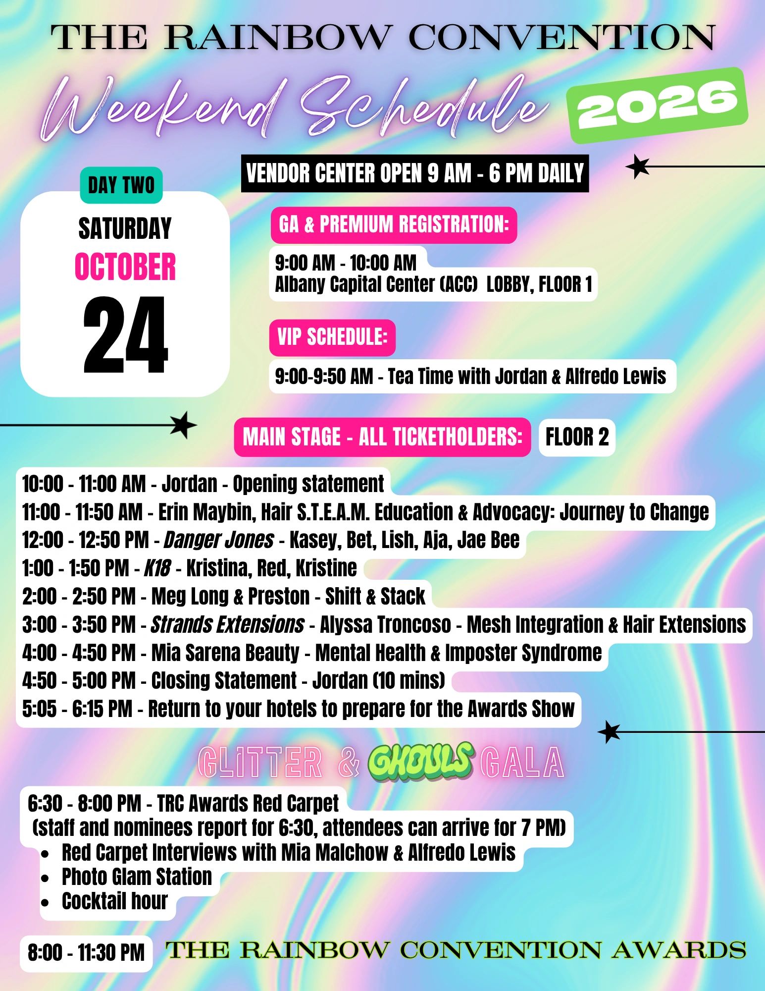 Schedule for The Rainbow Convention Day Two, October 24, 2026.