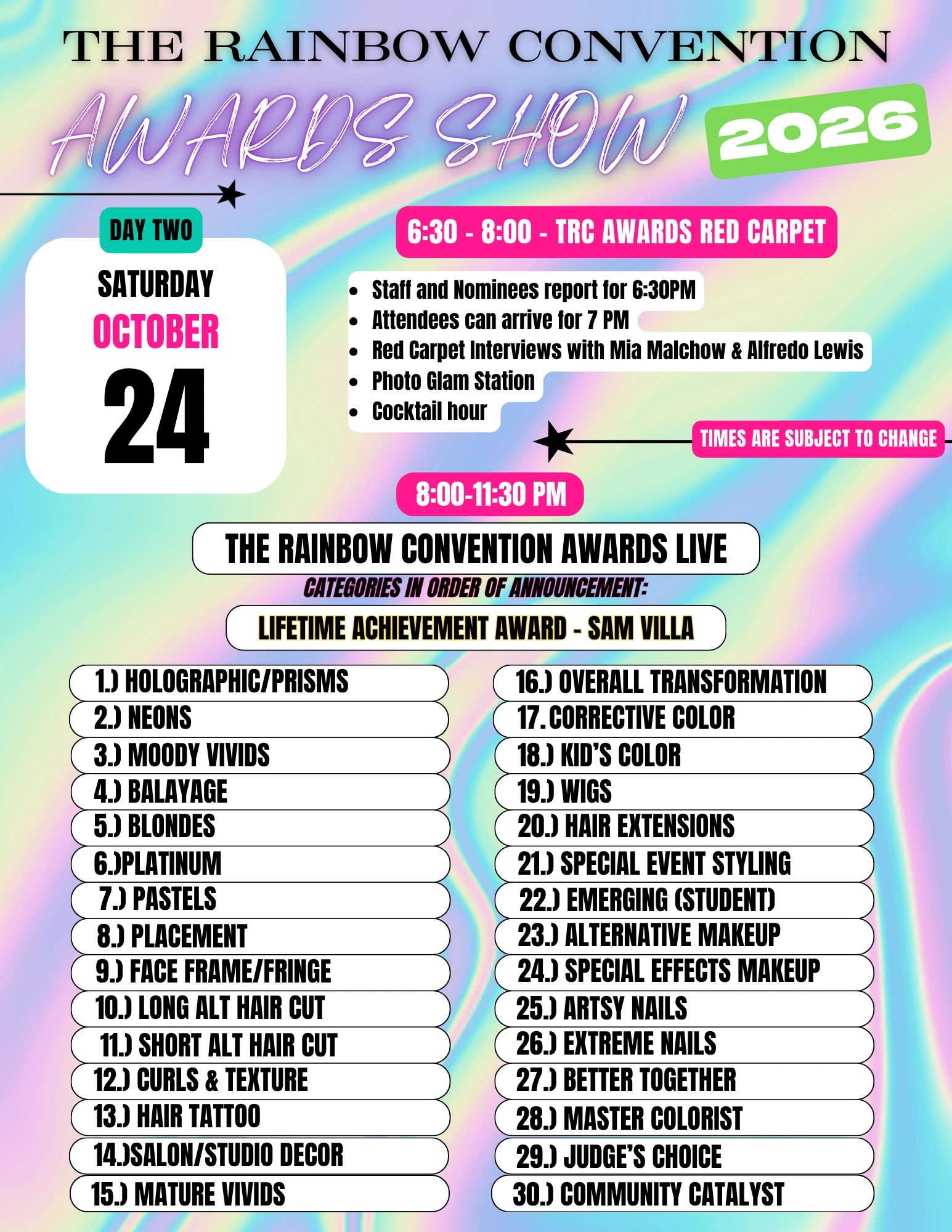 Rainbow Convention Awards Show on October 24, 2026, featuring 30 categories.
