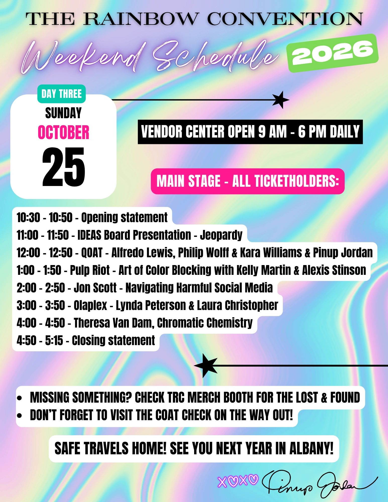 2026 Rainbow Convention Sunday schedule with sessions and vendor info.