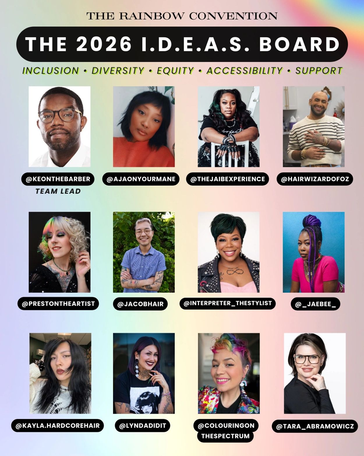 Portraits of the 2026 I.D.E.A.S. Board members for The Rainbow Convention.