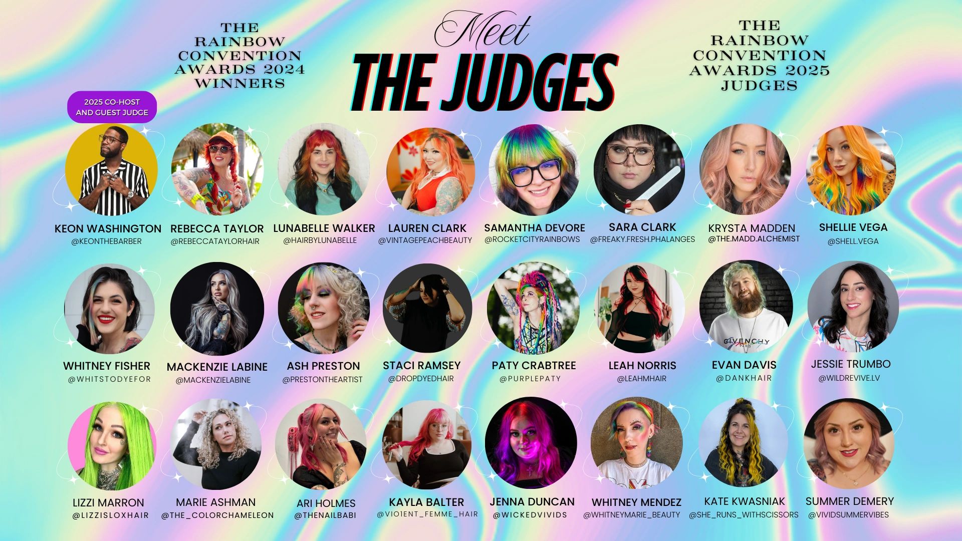 Meet the diverse 2024 winners and 2025 judges of The Rainbow Convention Awards, showcasing vibrant personalities and hairstyles.
