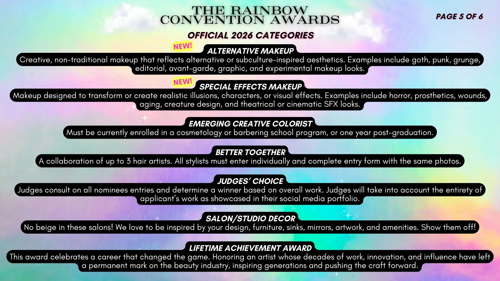 Categories for The Rainbow Convention Awards 2026 include makeup, hairstyling, decor, and lifetime achievement.