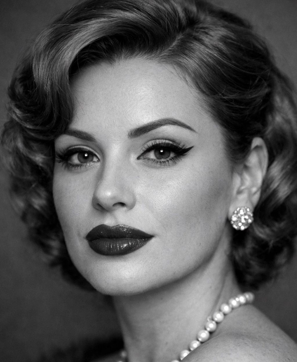 Black and white portrait of a woman with vintage makeup and hairstyle.