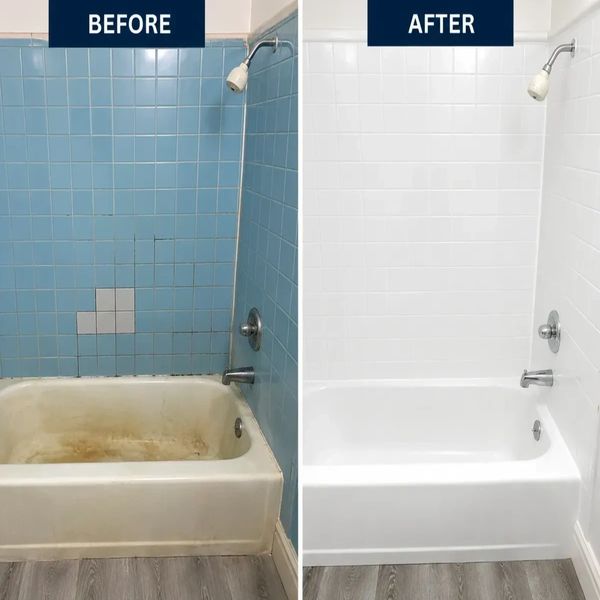 Before and After image of a bathtub and shower refinishing by Tub & Tile Restoration.