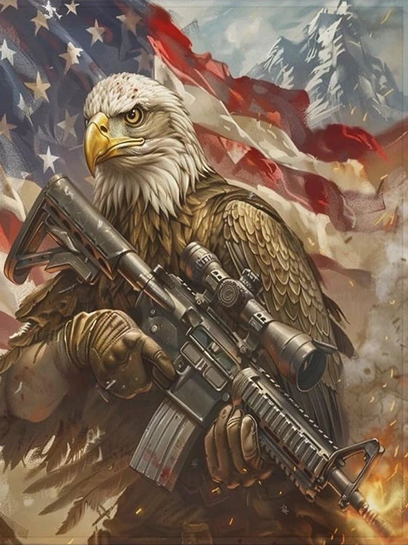 Eagle holding a rifle with an American flag background.