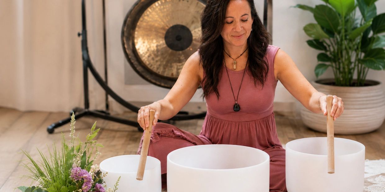 Woman playing crystal singing bowls for sound healing.