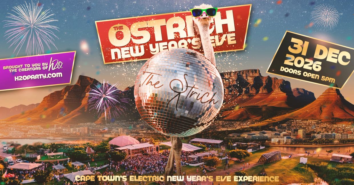 New Year's Eve event in Cape Town featuring an ostrich and fireworks.