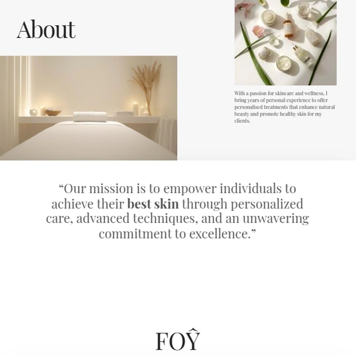 Serene skincare studio with personal care philosophy and natural beauty products.