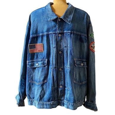 Ralph Lauren Preppy Sportsman Distress Patch Trucker Jean Jacket Mens size 4XB USA FLAG
