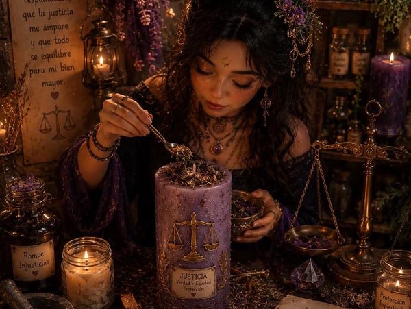Mujer prepara una vela de justicia en un altar místico.