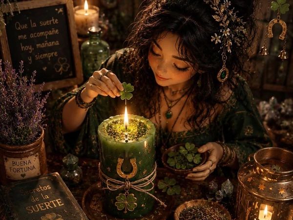 Mujer realizando ritual de suerte con tréboles y vela.