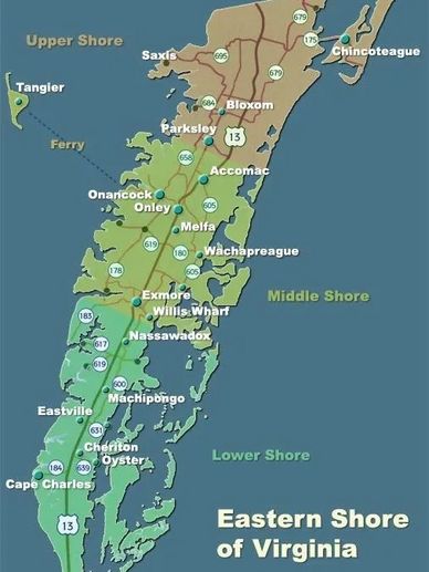Lower shore, eastern shore of Virginia, Accomack county, Northampton county, 