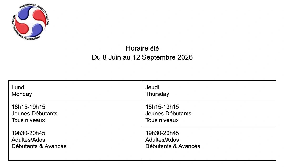 Summer Taekwondo class schedule from June 8 to September 12, 2026.