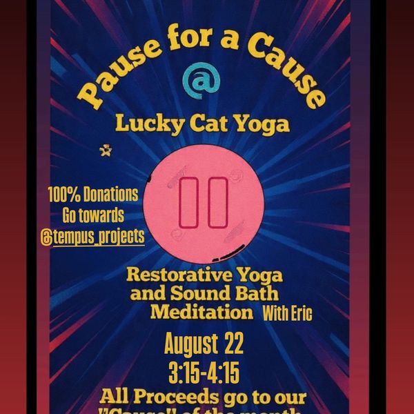 Poster for a yoga and sound bath meditation event at Lucky Cat Yoga.