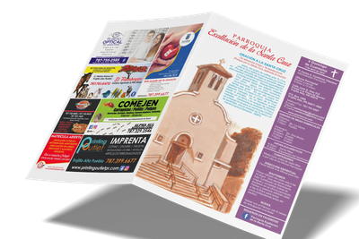 A church bulletin with advertisements and church information in Spanish.