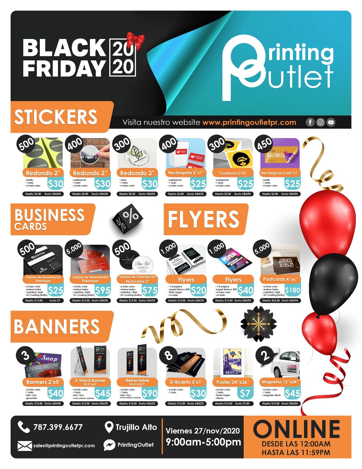Black Friday 2020 printing deals on stickers, business cards, flyers, and banners.