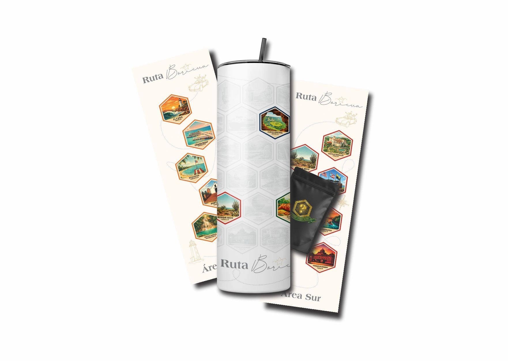 Travel-themed tumbler and two illustrated maps featuring Puerto Rican landmarks.
