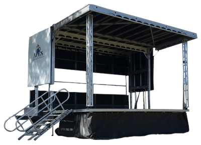 Portable outdoor stage with stairs and canopy roof.