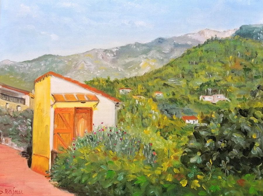 An oil painting of a small yellow building by S. Rajau, an instructor at Creative France Workshops.