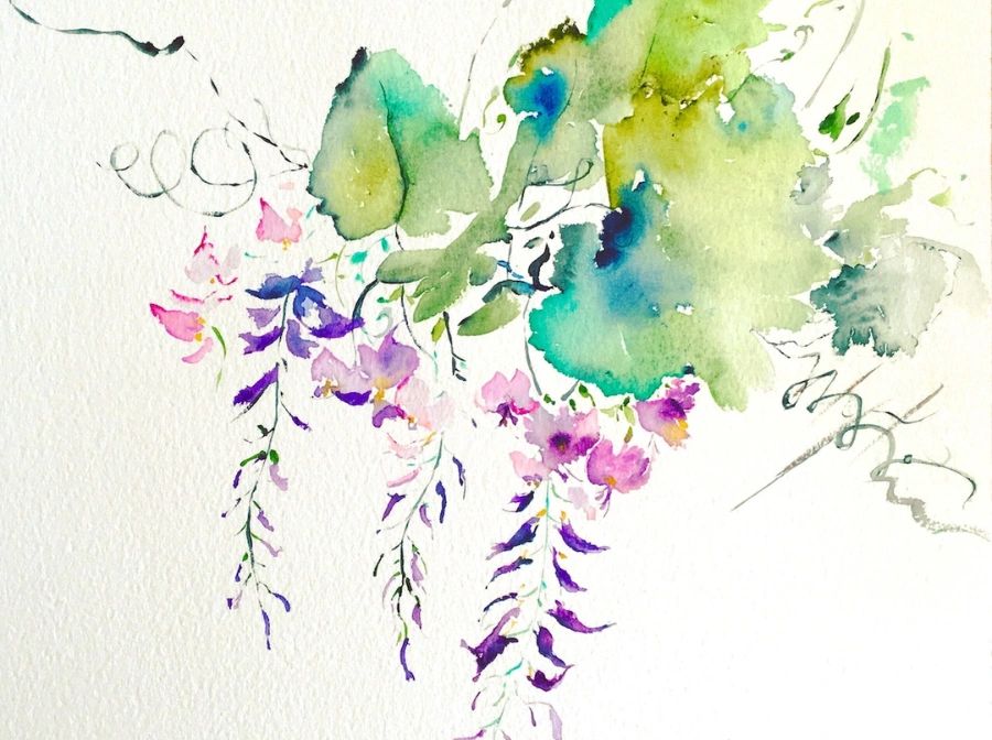 A watercolor painting of wisteria by artist & Creative France Workshops instructor W. Kacperski.