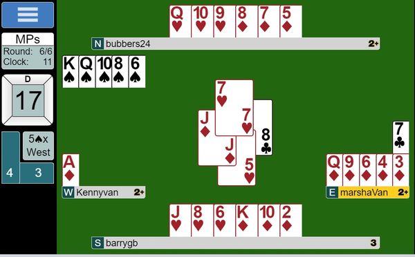 Online bridge game showing players' cards and current trick.