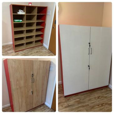 A multipurpose storage cabinet with open shelves and lockable doors.